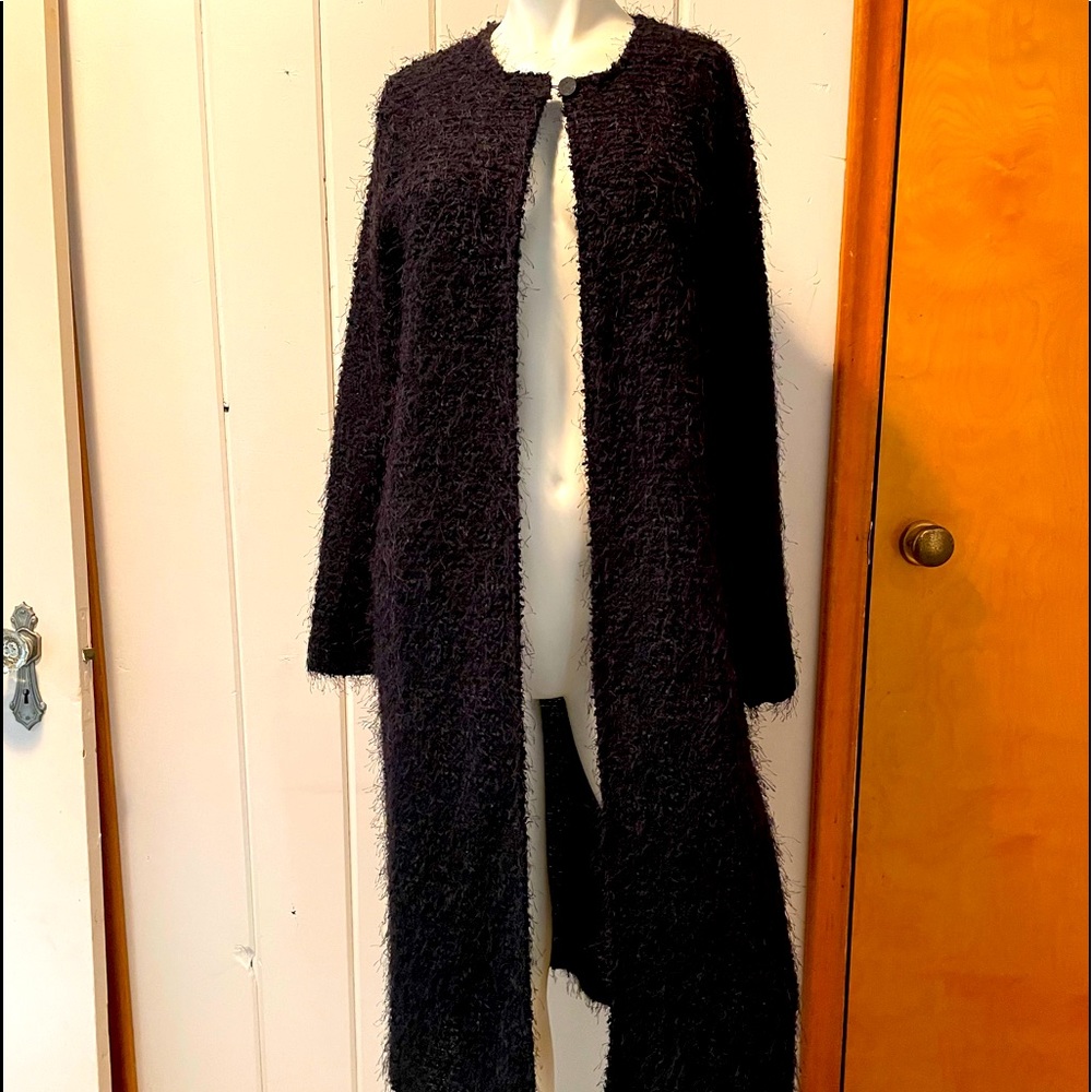 Long black textured duster / sweater jacket size S